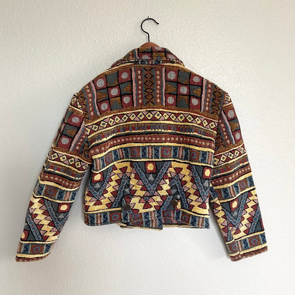 VTG 90s Cropped Boho Western Aztec Tapestry Jacket 100% Cotton To Die For Size S - Picture 5 of 9